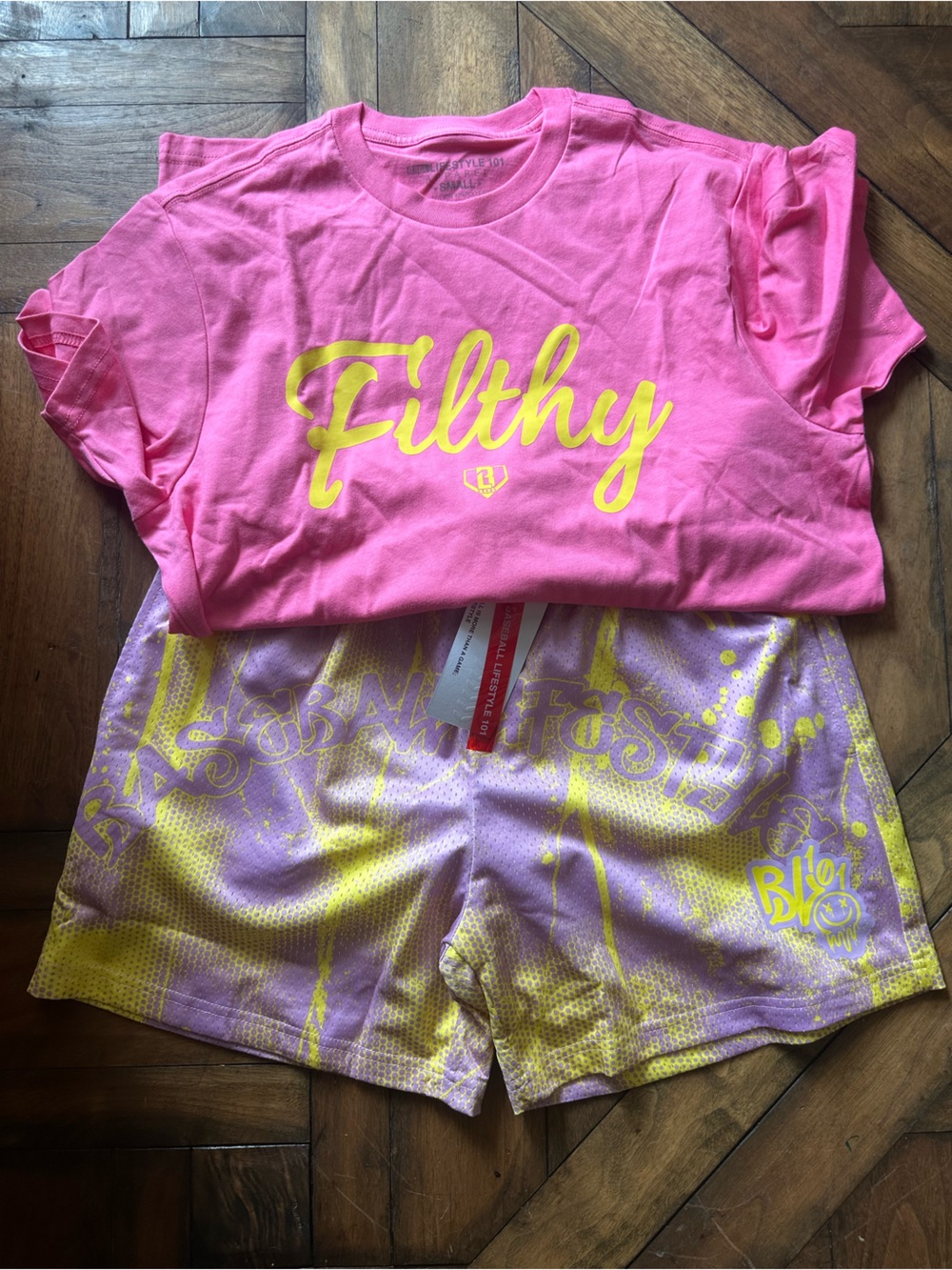 Filthy Men's Athletic Shorts in Pink and Yellow baseball lifestyle 101
